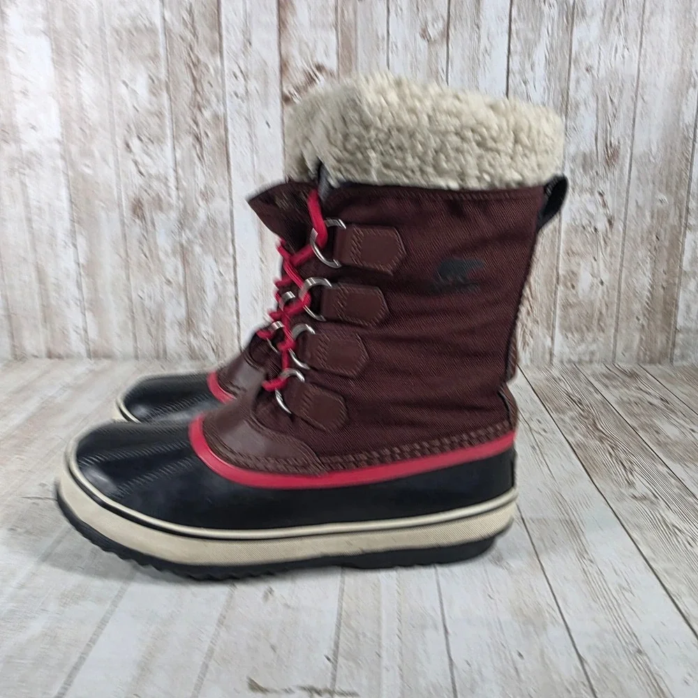 Sorel Waterproof Winter Boots Burgundy Faux Fur Lined Lace Up Women Size 8‎